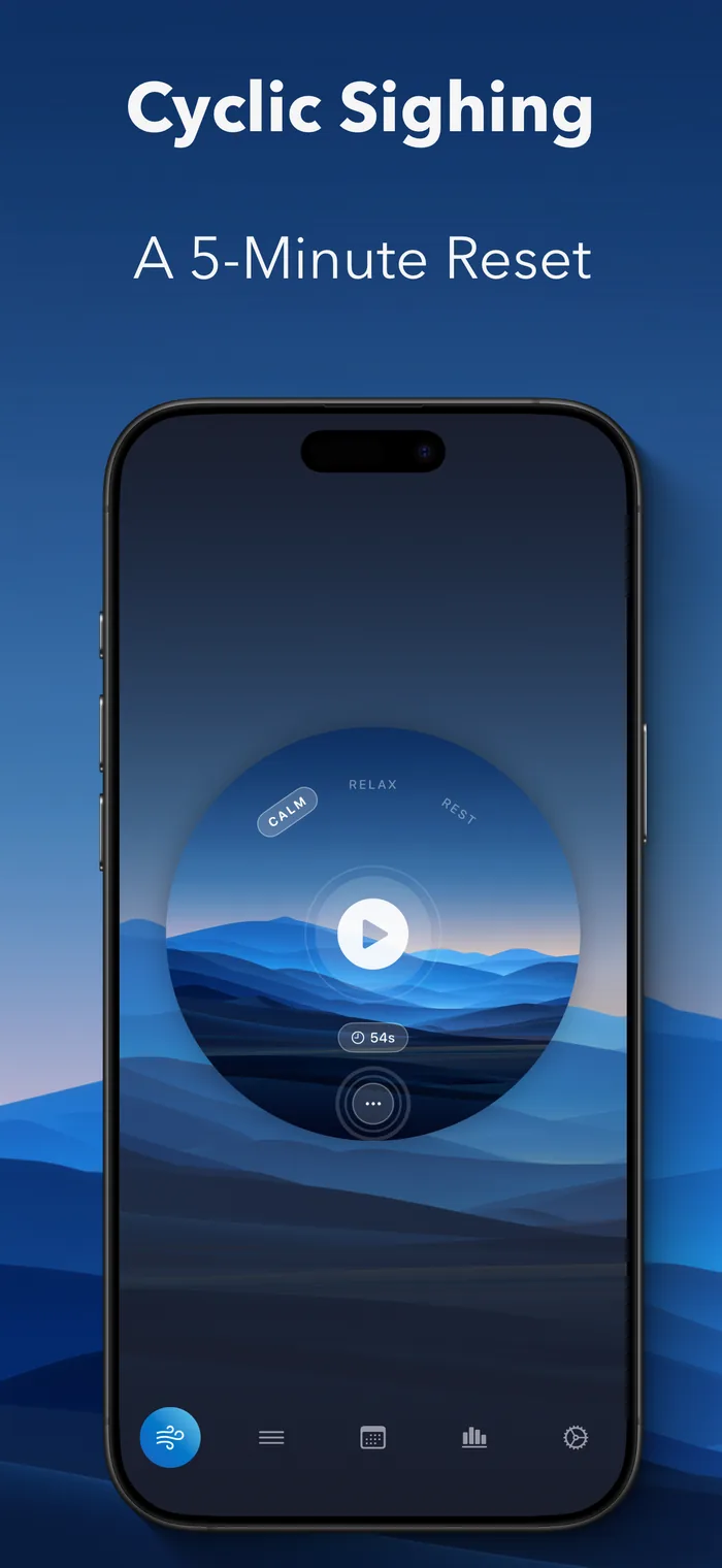 Cyclic Sighing app showing the Calm, Relax, and Rest breathing patterns